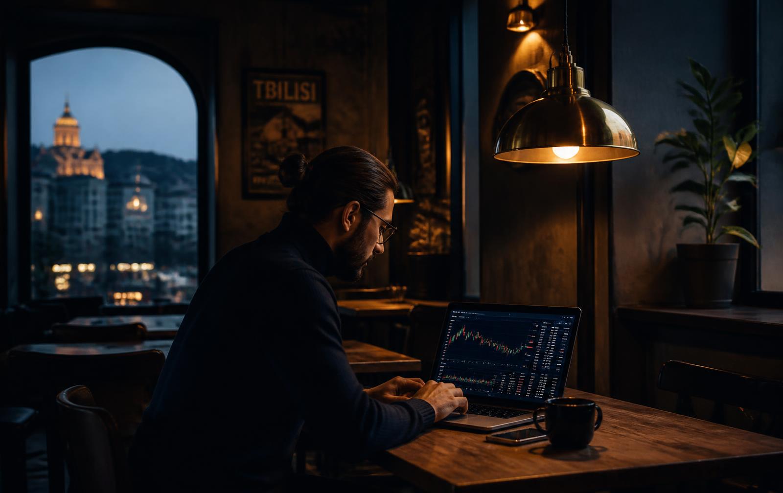 A founder reviewing crypto markets in a Tbilisi cafe at night