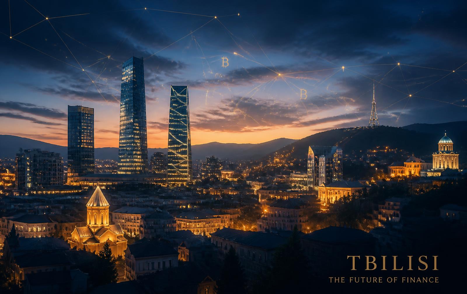 Tbilisi skyline at dusk with modern towers lit gold