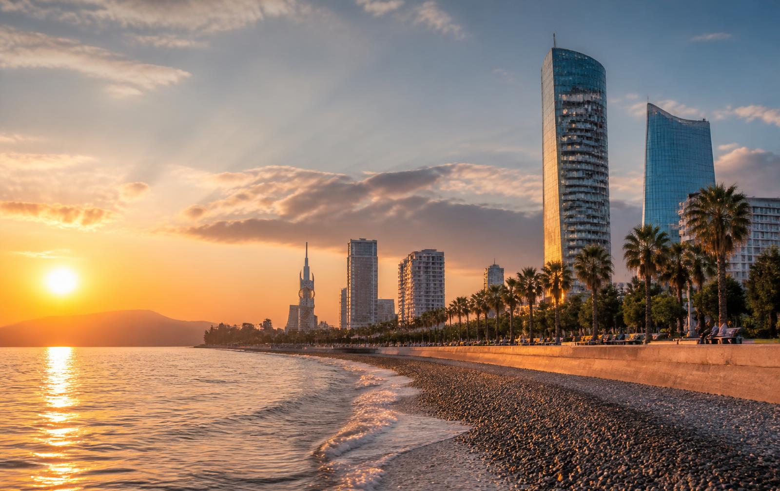Batumi Black Sea waterfront at sunset